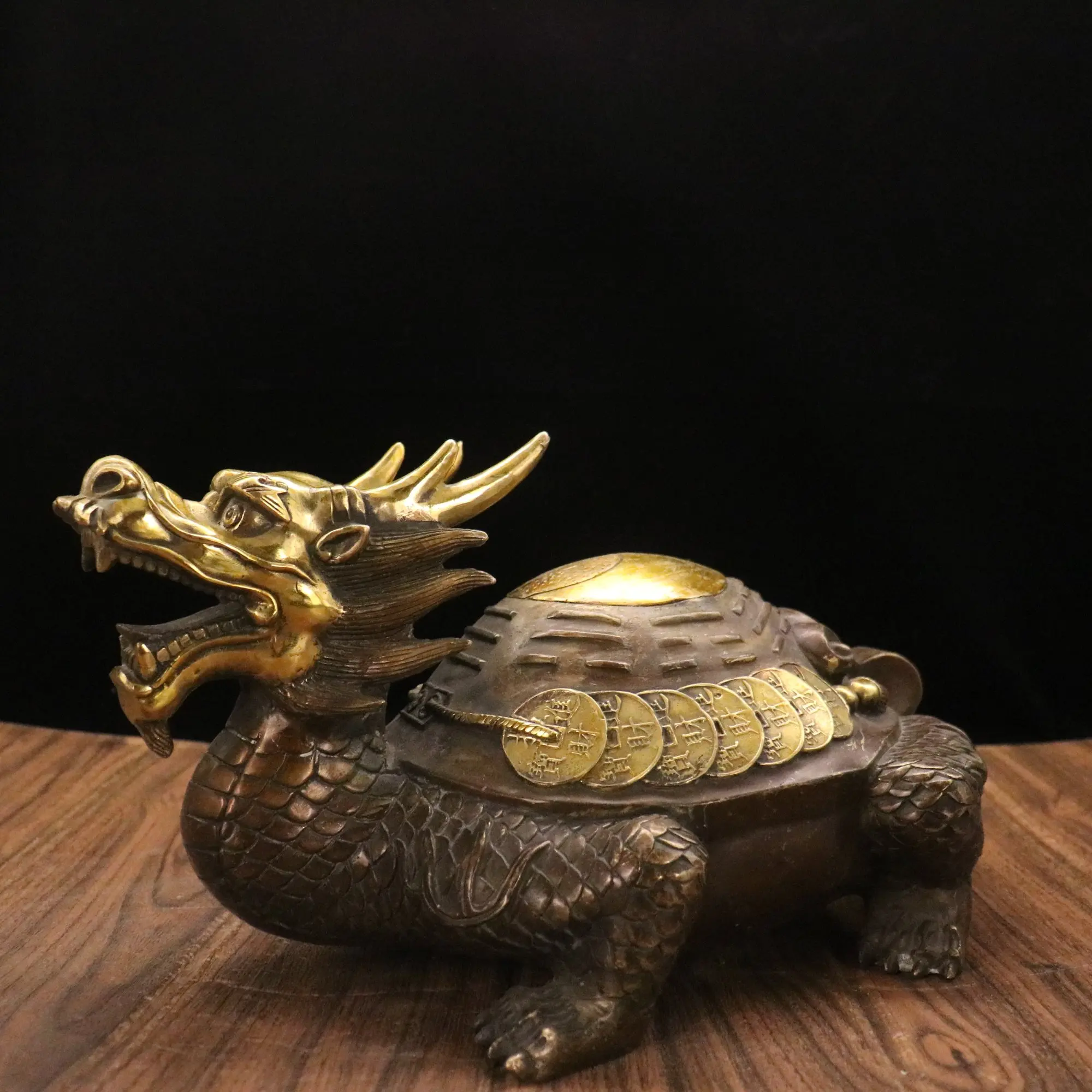 

15"Chinese Folk Collection Old purple Bronze Gilt Dragon turtle statue Lucky Gather wealth Office Ornaments Town House Exorcism