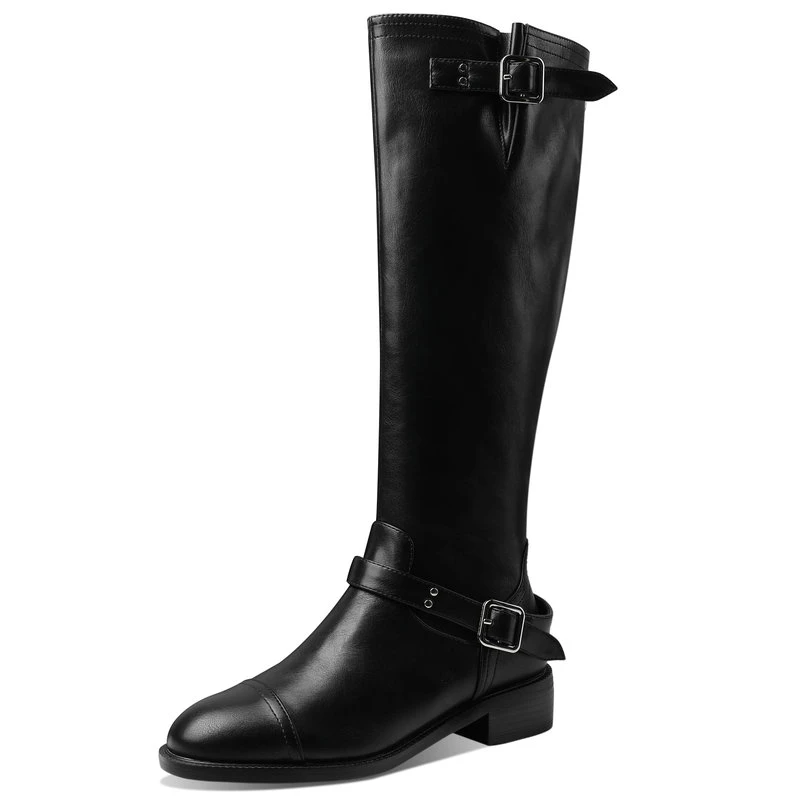

2021 Women Knee High Boots Square low Heels Winter Keep Warm ladies Boots Buckle Women motorcycle Shoes large Size 34-43
