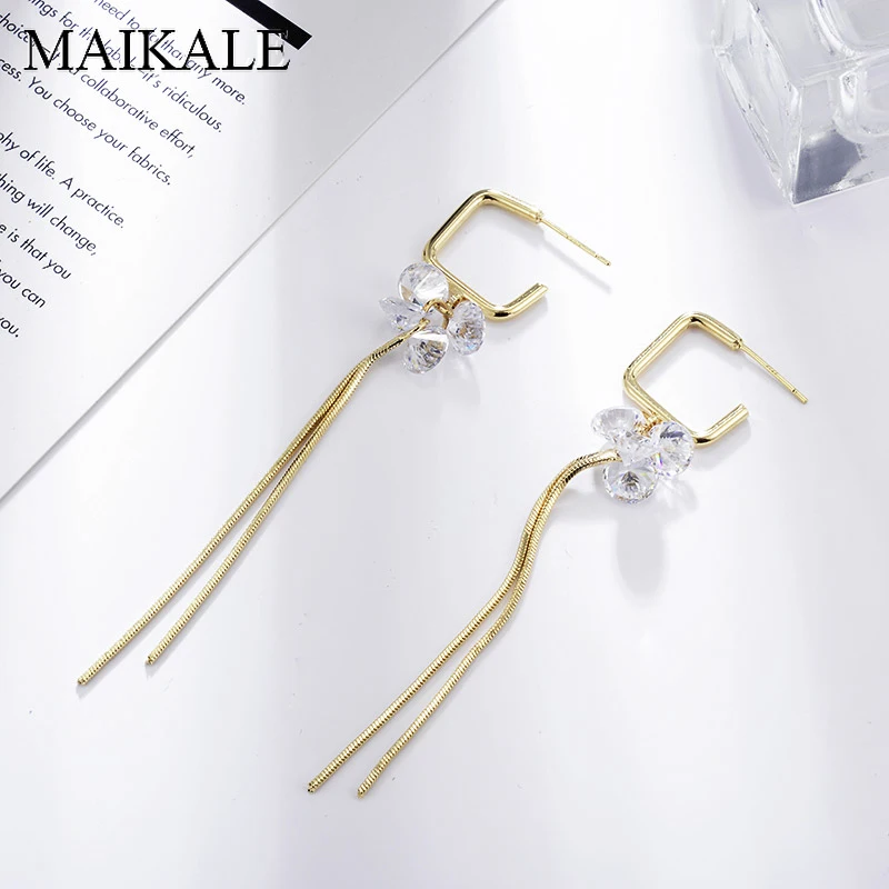 

MAIKALE Fashion High Quality Cubic Zirconia Tassel Long Earrings for Women Gold Chain Dangle Earring 2021 Trend Wedding Jewelry