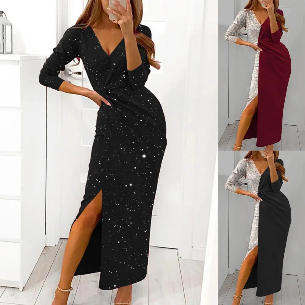 

Stylish High Split Glitter Patchwork Bodycon Dress Maxi Dress Waist Tight Shirring
