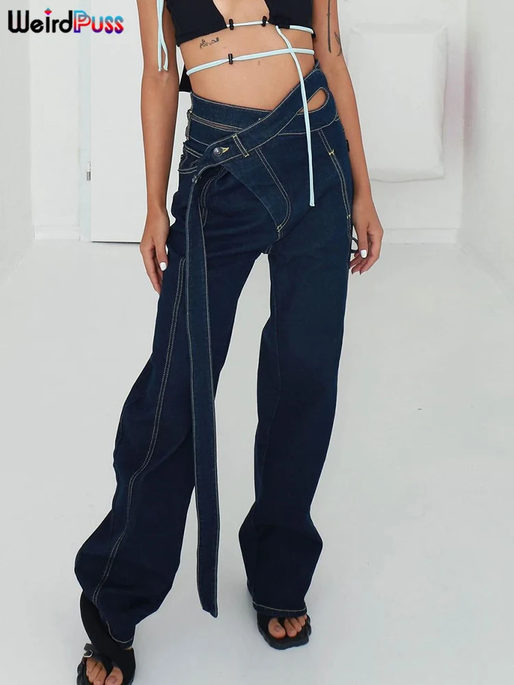 

Weird Puss Y2K Belt High Waist Jeans Women Vintage Hollow Chic Casual Baggy Straight Pants Streetwear Wild Loose Denim Trousers