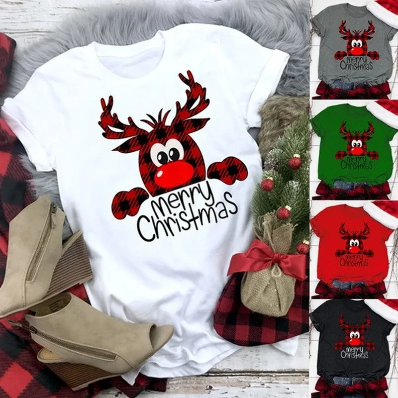 Женская футболка с рождеством принт оленем короткими рукавами и круглым вырезом