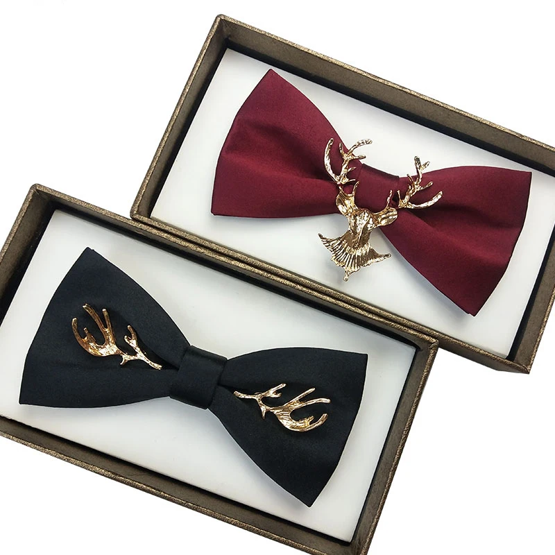 Mens Bow Tie Solid Color Black Butterfly Tie Great For Wedding Party Luxury Metal Golden Wings Antlers Two Layer Bowtie Gift Box