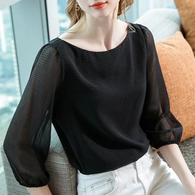 

Women's clothing 2021 spring new fashion one-line collar middle-sleeved chiffon shirt simple seven-point lantern sleeve top