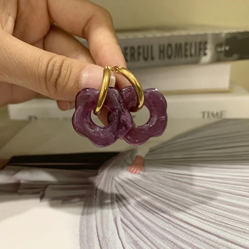 

2021 Colorful Acrylic Flower Resin Drop Earrings Stainless Steel Circle Hollow For Women Girls Jewelry Minimalist Gifts