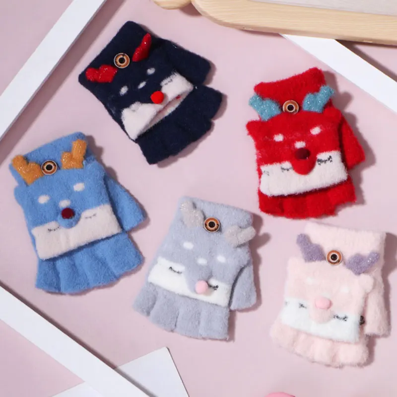 

Children Mink Fleece Gloves Knitted Flap Half-finger Gloves Clamshell Cartoon Fawn Mittens Gloves Warm Sweet Touch Screen Gloves