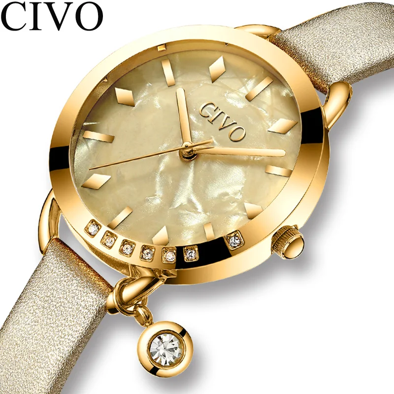 Женские часы CIVO Relogio Feminino кварцевые золотые для леди Стразы чехол ультра тонкий