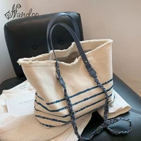 high quality fashion totes handbag for women large capacity canvas bag chain striped texture designer ladies shoulder bags sac