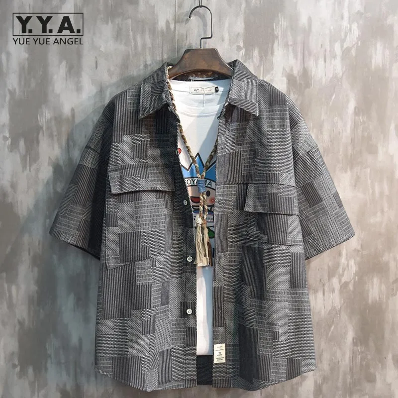 

Hip Hop Short Sleeve Plaid Shirt Men Summer Thin Single Breasted Denim Shirt Fashion Harajuku Loose Fit Casual Tops Streetwear