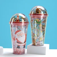 cartoon christmas water cup new double layer plastic straw cup creative colorful christmas gift mug doll flash powder cup