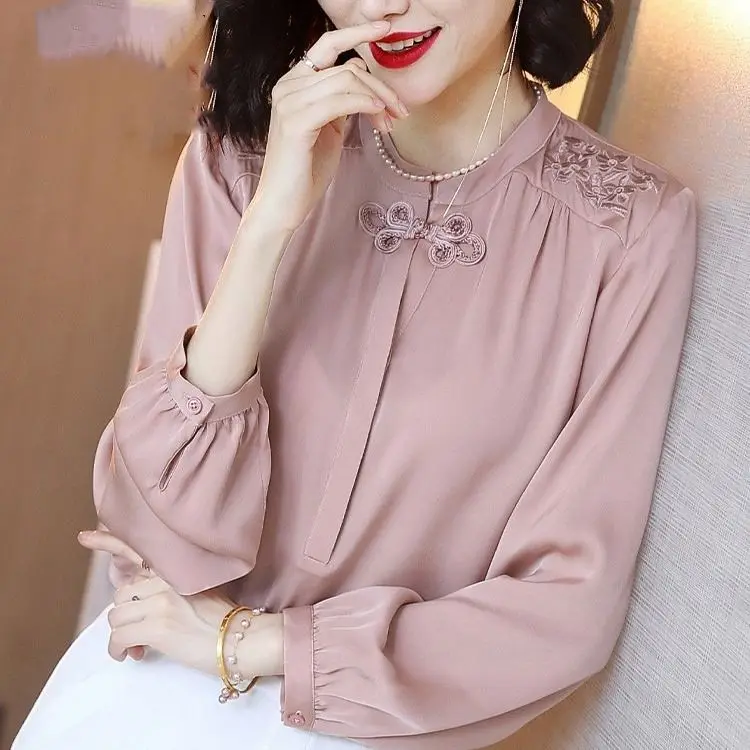 

Flower Embroidery Solid Color Shirt Female Deep V-neck Long Sleeve Fashion Casual Petal Sleeve Pullover Blouses Women Spring