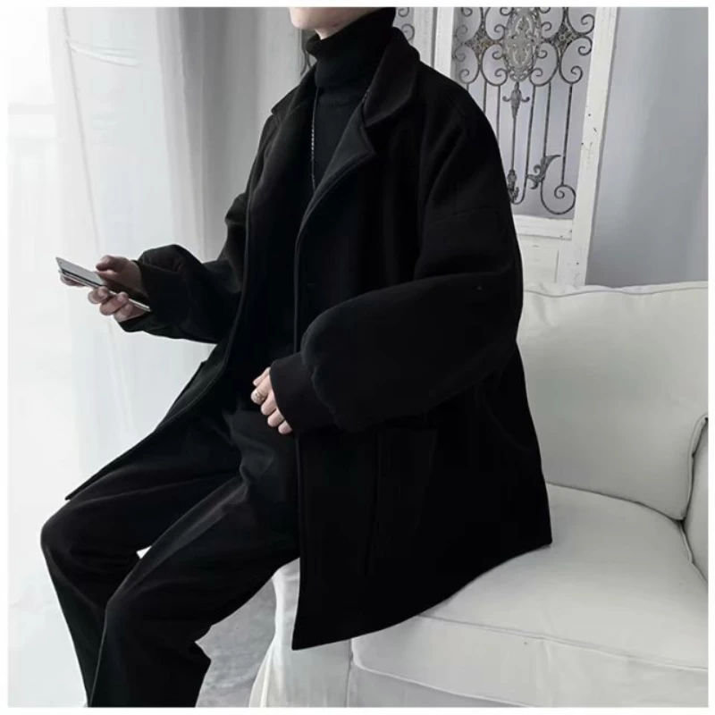 Мужское шерстяное пальто приталенное черное корейское зимнее | Мужская одежда