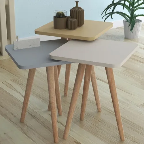 

InterGo Colorful Triple Nesting Table With Wooden Legs Coffee Table Dining Office Living Room Kitchen Home Furniture Decor