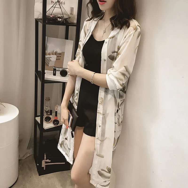 

New Arrival Women Summer Beach Thin Coat Chiffon Print 3/4 Sleeves Casual Loose Tops Sunscreen Lady Long Blouse DSA