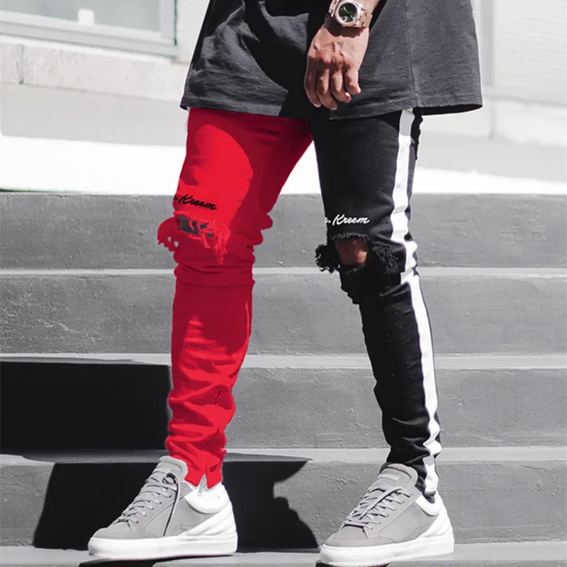 

Джинсы мужские рваные стрейчевые, брюки скинни в стиле хип-хоп для уличного танца, на молнии, байкерские брюки из денима, повседневные штаны ...