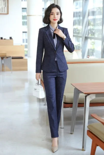 Navy coat and pants Модные женские деловые брюки костюмы OL темперамент формальный длинный рукав Тонкий Блейзер и брюки офисная Дамская интервью Рабочая одежда - Цвет: Navy coat and pants