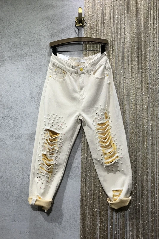 

Colorful High Waist Denim Harem Pants Women's Straight Leg Hole Beads Pants Female Cotton Denim High Street Trousers