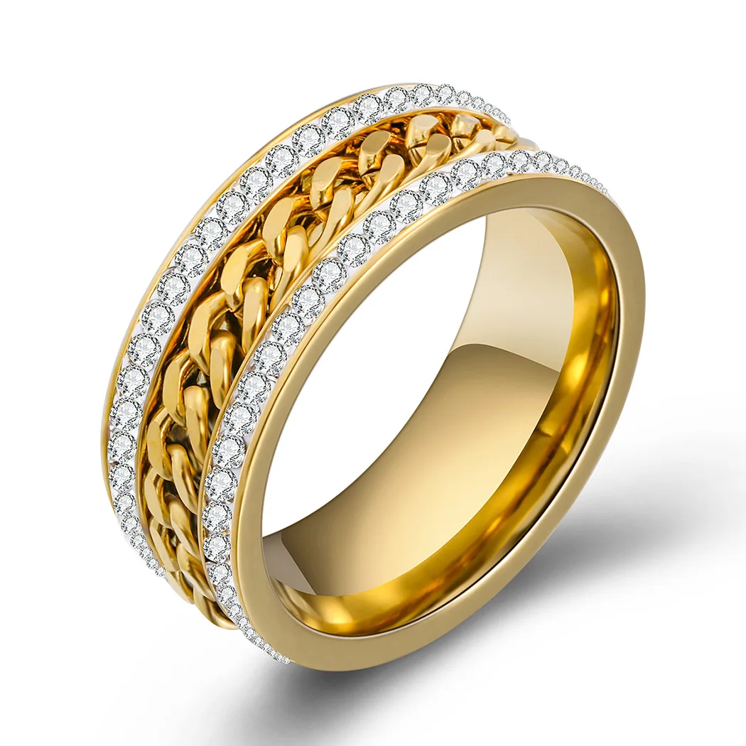 

MFY Fashion New Men's Ring Inlaid With Two Drain Diamonds Golden Twist Chain Stainless Steel Titanium Steel Ring Hot