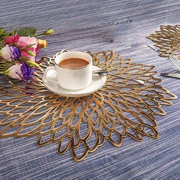 

Golden Round Placemat, Round PVC Cutout Place Mat Christmas, Wedding, Banquet, Restaurant, Hotel, 15.5 Inch (8 Sets)