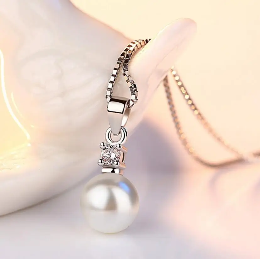 

LEKANI 925 sterling silver new ladies fine jewelry high quality crystal zirconia pearl round pendant necklace length 45CM