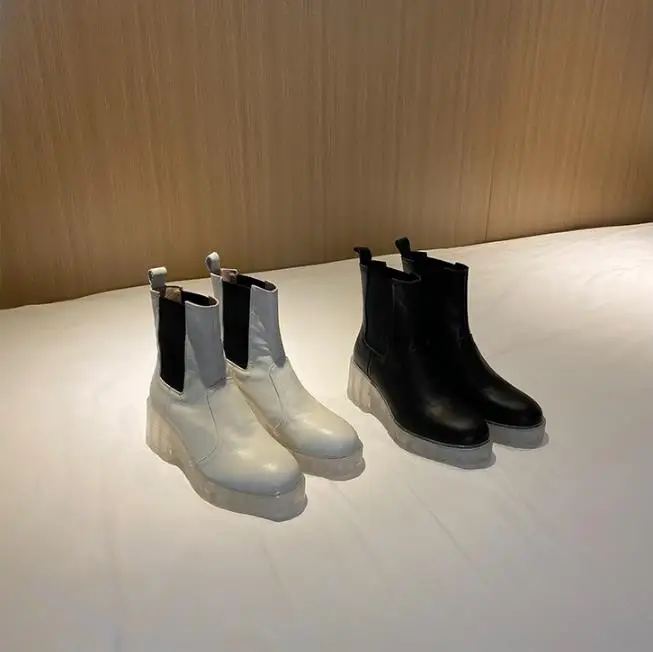 

2020 Autumn/Winter All-Match Crystal Bottom Martin Boots Women New Genuine Leather Platform Round Toe High-Heeled Ankle Boots