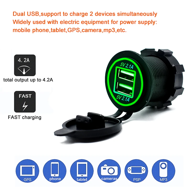 Устройство для автомобиля с двумя портами USB Зарядное устройство сигарета светильник er 2 Порты и разъёмы зарядных порта Usb для автомобиля Зарядное устройство 12 V-24 V с Led светильник Мощность адаптер для мото Авто Грузовик ATV