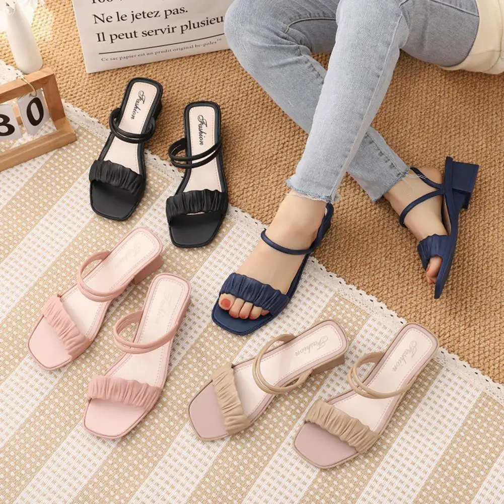 

2021 New Elegant Women Sandals Thick Heel Candy Solid Color Summer Pleated Upper Square Head Slippers for Beach or Daily Wear