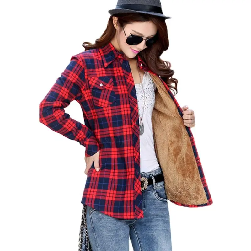 Плюс размер M 4XL бархатная плотная теплая Женская клетчатая рубашка Женский Топ с