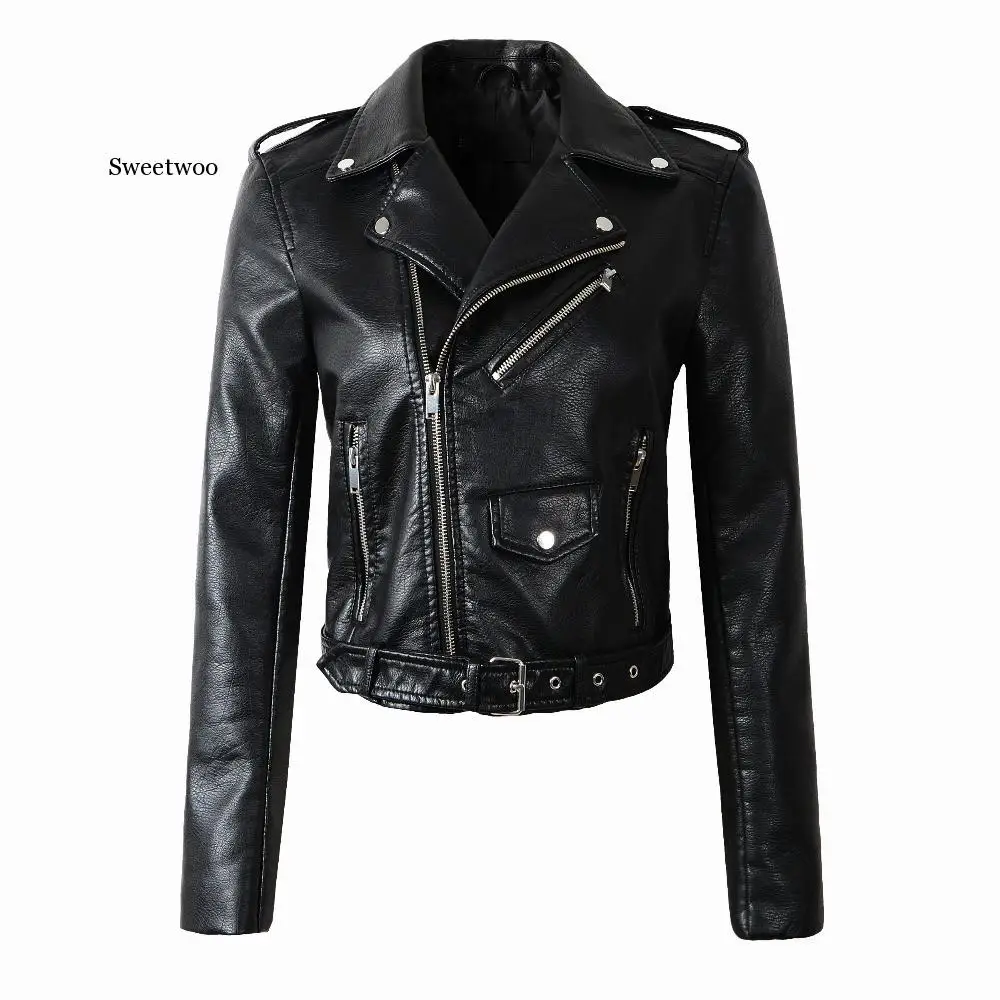 Zipper PU Leather Jacket Short Motorcycle Jackets With Belt Classic Basic Spring Women Faux Leather Outwear