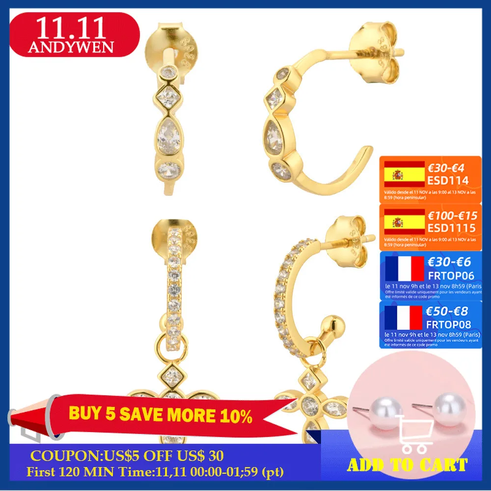 

ANDYWEN 925 Sterling Silver Gold Color Circle Hoops Cross Circle Hoop Women Piercing Pendiente Luxury Clear Spring Jewelry