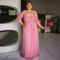 sexy pink mother of the bride dress three quarter sleeves beading pearls lace chiffon mom wedding gugest gowns party dresses