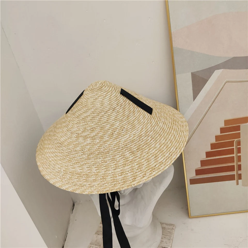 

Large Big Wide Brim 27CM Conical Natural Wheat Straw hat For Women Summer Sunscreen Beach Hat With Black Ribbon Girls Travel Cap