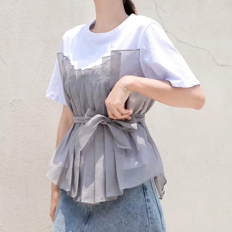 Футболка женская сетчатая составного кроя с коротким рукавом и асимметричным