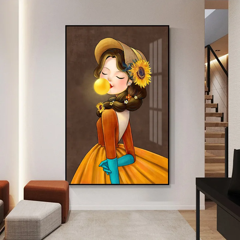 

Modern Fashion Cartoon Girl Sunflower Canvas Painting Wall Art Decoration Posters and Prints for Living Room Décor Wall Picture