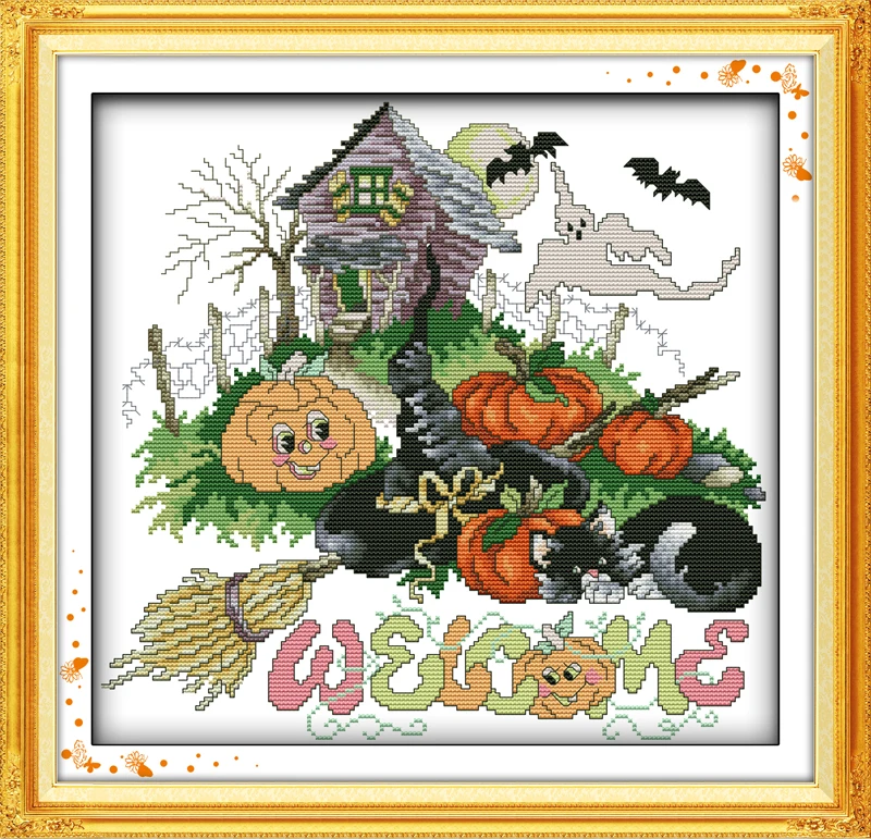 

Halloween pumpkin cross stitch kit cartoon Aida count 18ct 14ct 11ct print embroidery DIY handmade needlework supplies bag