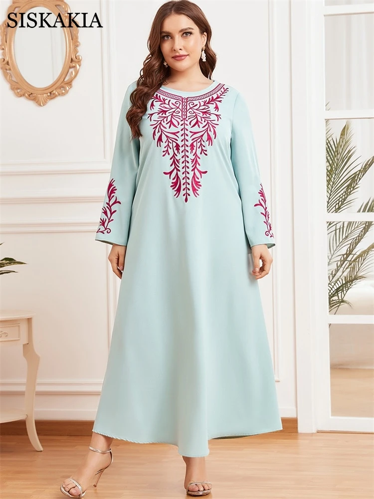 

Siskakia Women Plus Size Long Dress Floral Embroidery Autumn Fall 2021 Empire Swing Casual Ethnic Arabic Fashion Muslim Clothes