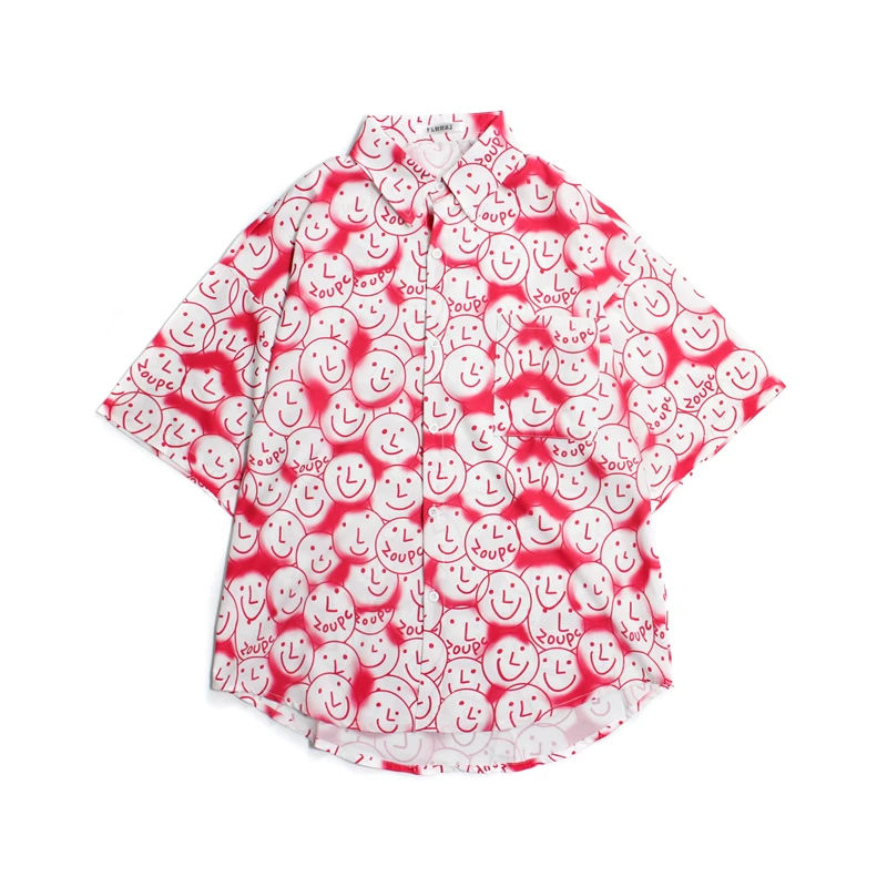 

New Summer Shirt Women Plus Size Shirt Harajuku Cartoon Smiling Face Print Loose Short Sleeve Blouse Vintage Man Tie Dye Shirt