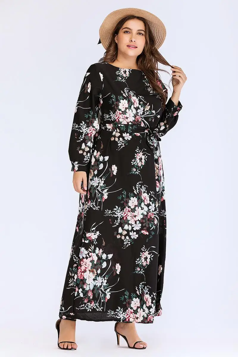 Женское длинное платье макси с цветочным принтом Abaya коктейльное круглым вырезом