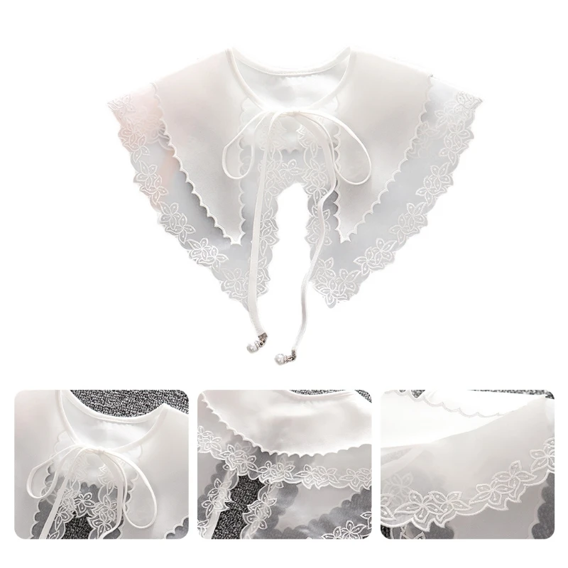 

Women Double Layer Organza Fake Collar Big Shawl Embroidery Floral Neckline Capelet for Women Ladies