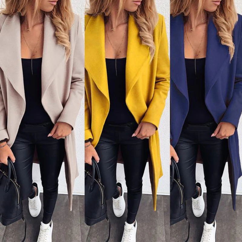 

Women Woolen Jackets With Belt Fashion Female Outerwear Chic Overcoat Formal Office Vintage Long Sleeve Side Pockets Lady Coat