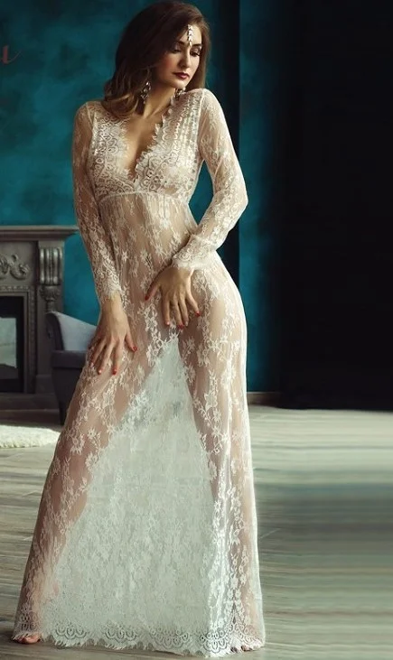 Белое сексуальное кружевное платье с глубоким V-образным вырезом и длинным рукавом от AliExpress WW