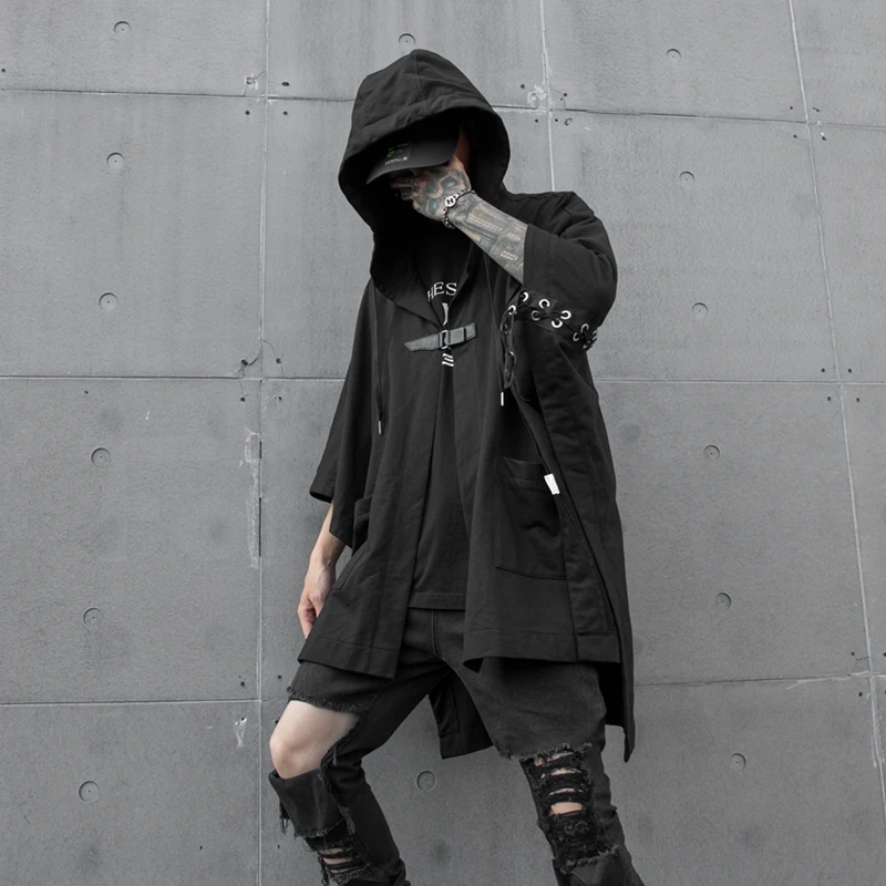 

Autumn winter men back lacing hip hop oversized t shirt hooded cloak man vintage punk streetwear nightclub stage tees tops