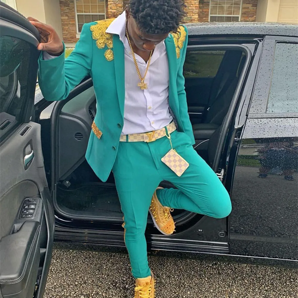 

Spring /Autumn Groomsmen Wear Blazer Tuxedos Gold Appliques Jacket WIth Pants Custom Made 2 Pieces Slim Fit 2 Buttons Coat 2021