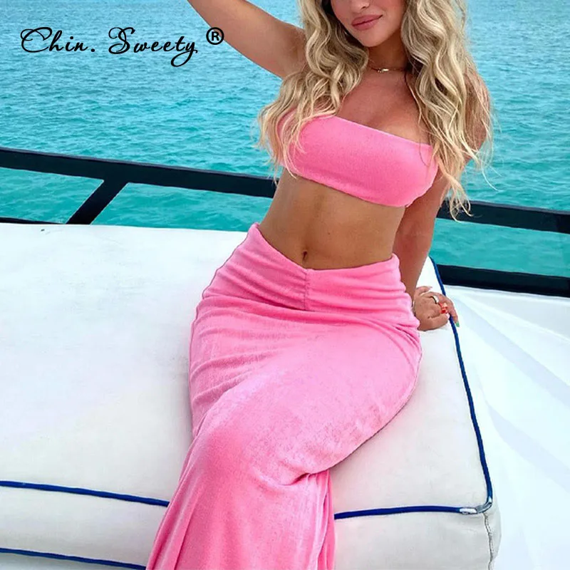 

Женский однотонный топ на бретельках, Юбка-миди, комплекты из очень короткого топа без рукавов с открытой спиной, для клуба и вечеринок, лето...