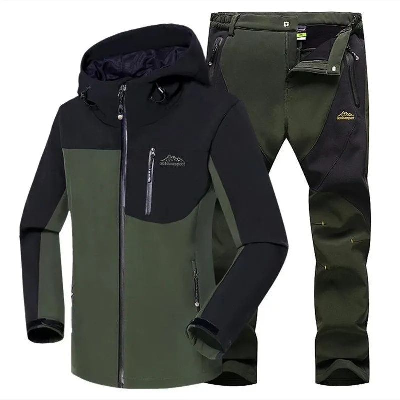 Men Outdoor Hiking Jacket Sets Waterproof Windproof Softshell Windbreaker Fleece Warm Hunting Clothing Military Jackets + Pants