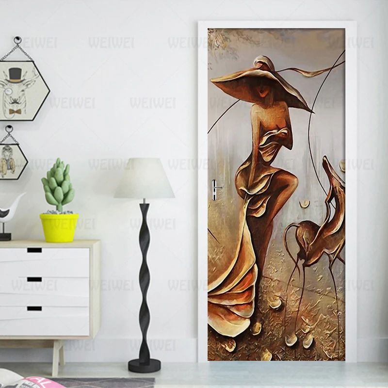 

Removable Door Stickers European 3D Relief Figure Waterproof Living Room Bedroom Door Wallpaper Self Adhesive Wall Decals Poster
