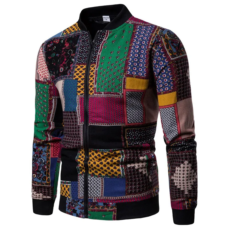 

Autumn and Winter Men's Cotton and Linen Stand Collar Zipper Flower Jacket Fashion Slim Fit Plus Size Youth Winter Jacket Men