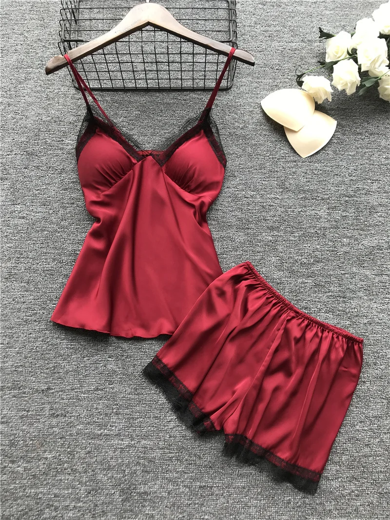 

Summer Sexy Pajamas for Women Four-Piece Set Korean Lace Stitching Nightdress with Chest Pad Thin Soft Satin 3/4 Sleeve Robe