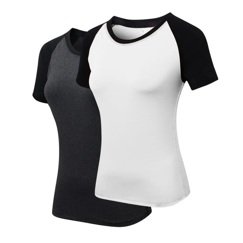 

Ladies Fitness Yoga Skinny Short Sleeve Fitness Running Sports Training Quick Dry Elastic Color Matching Round Neck T-Shirt