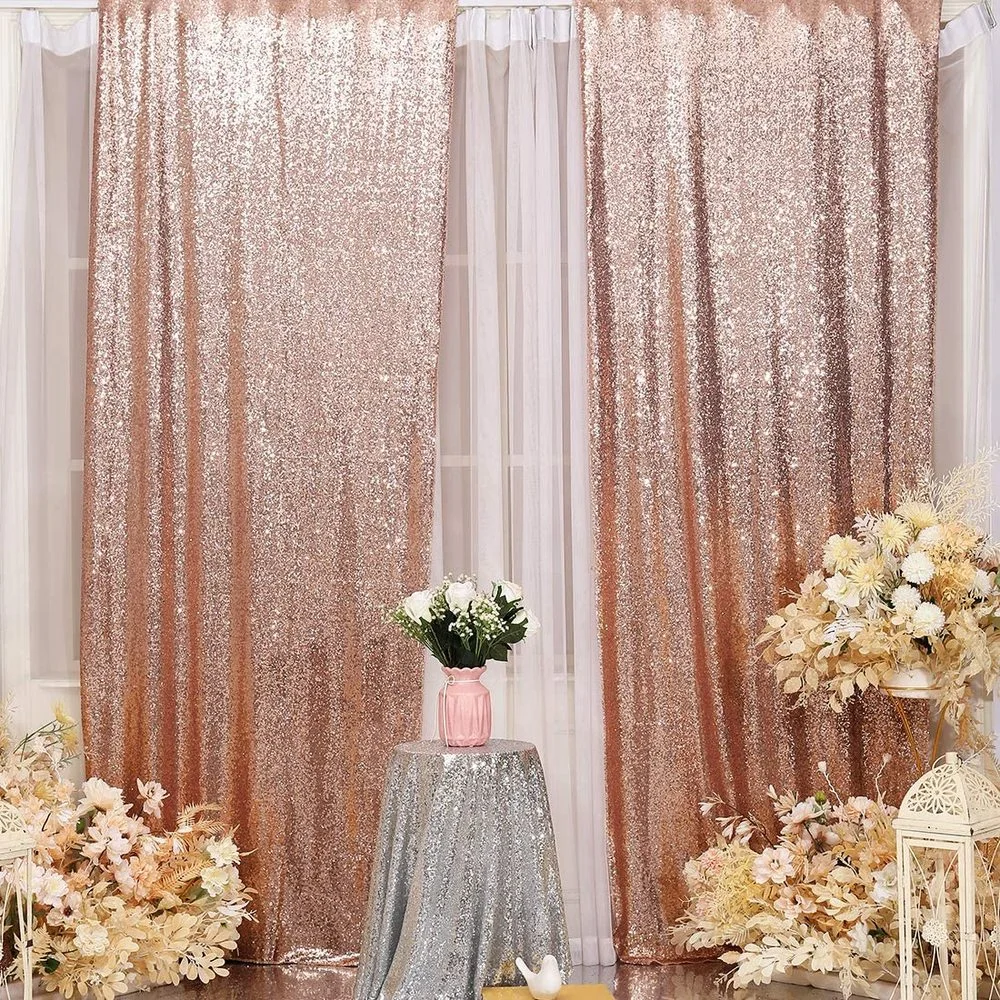 2Pcs Party Sequin Backdrop Curtains Glitter Gold/Silver Background Wear Rod Curtain Photography Birthday Wedding Decor Panel